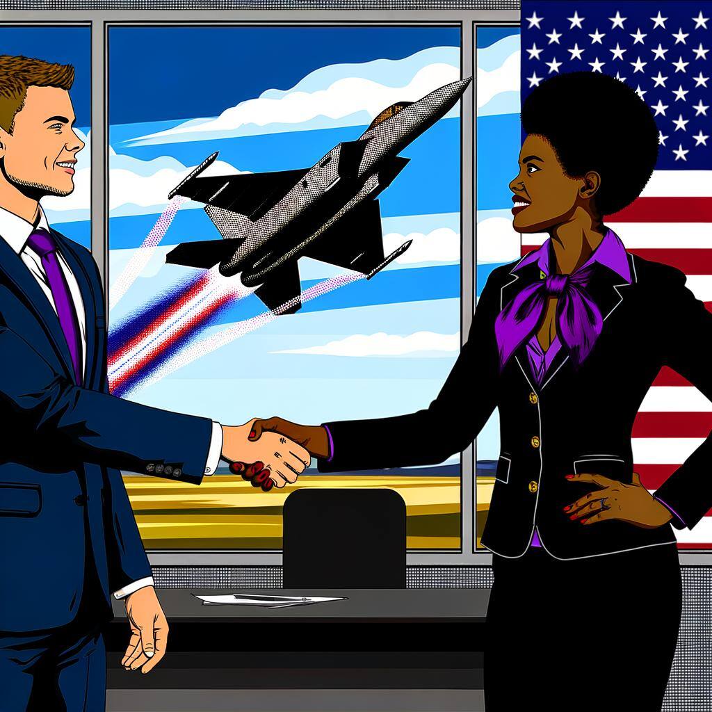 Two people shaking hands in an office, with a fighter jet in the background and an American flag.